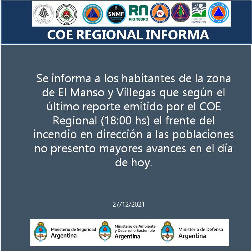 INCENDIO COMPLEJO LAGO MARTIN REPORTE DE SITUACION N&deg; 5 COE REGIONAL / 27-12-21 / HORA DE CIERRE 18:00hs