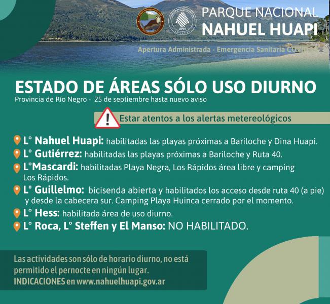 Estado de &aacute;reas y actividades autorizadas del Parque Nacional Nahuel Huapi en la Provincia de R&iacute;o Negro