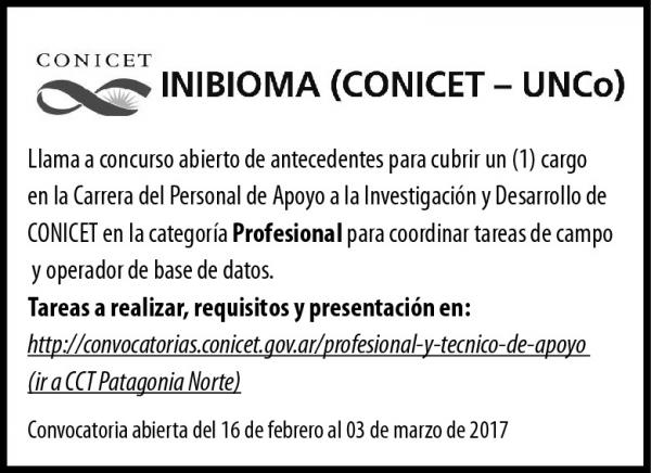 Concurso abierto de antecedentes para cargo de Personal de apoyo a la Investigaci&oacute;n (INIBIOMA  CONICET - UNCo)
