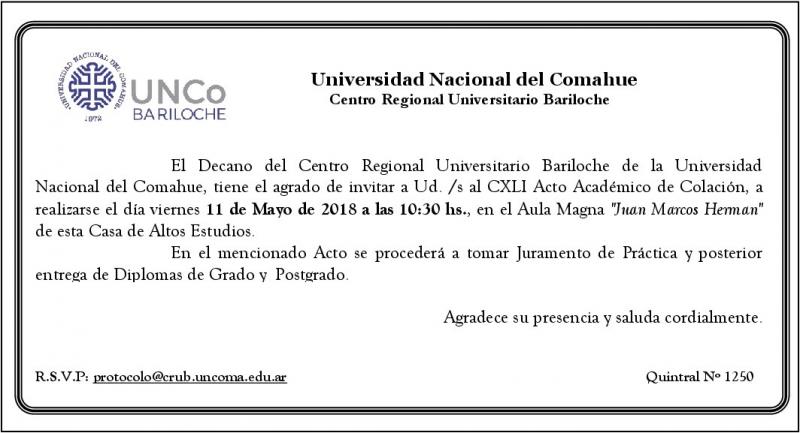 Invitaci&oacute;n a CXLI Acto Acad&eacute;mico de Colaci&oacute;n UNCo Bariloche
