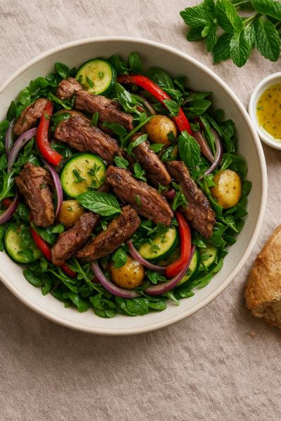 Ensalada tibia de cordero patag&oacute;nico con hierbas frescas y vegetales de estaci&oacute;n